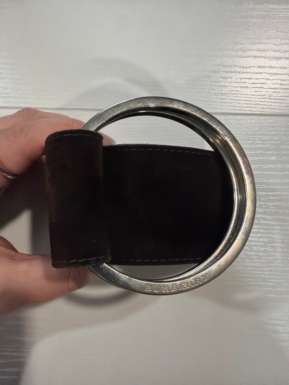 Burberry Suede Leather Belt Silver Buckle Brown Size 36/90